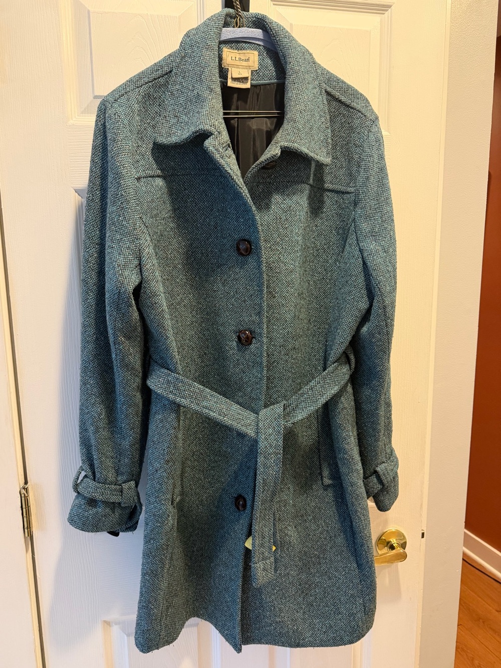 L.L. Bean Teal Belted Tweed Wool-Blend  Coat